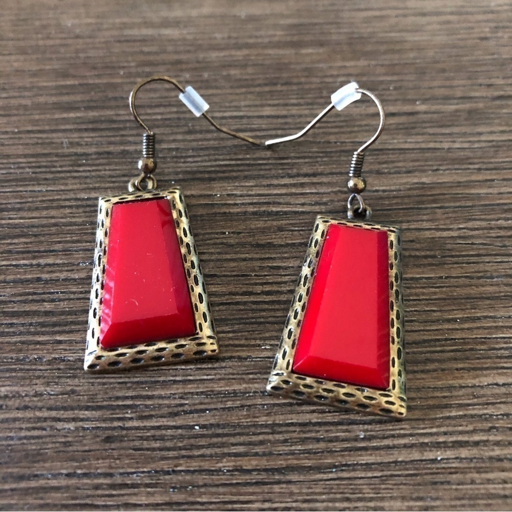 Geometric Tribal red and gold metal fishhook earrings